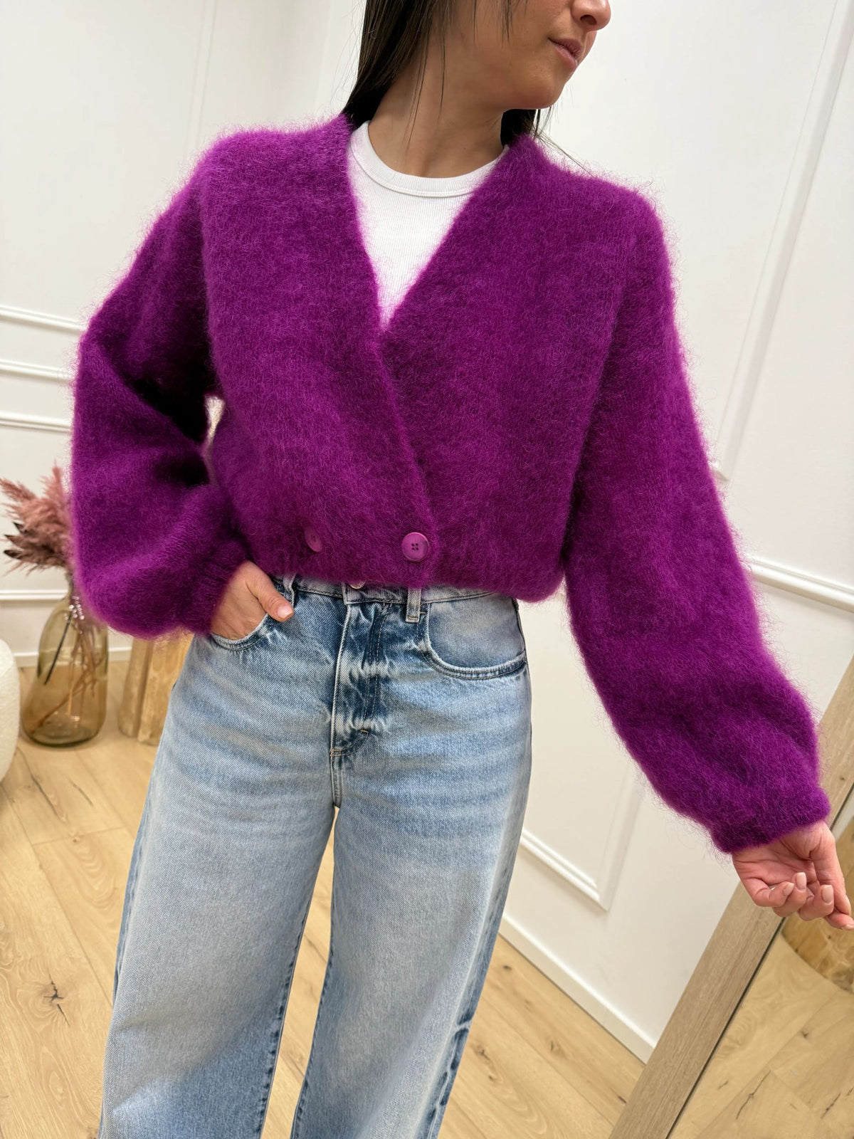 Cardigan kid mohair ortensia con bottone laterale - Dixie