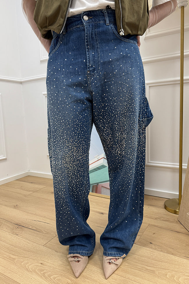 Jeans carpenter blu denim con strass - HaveOne