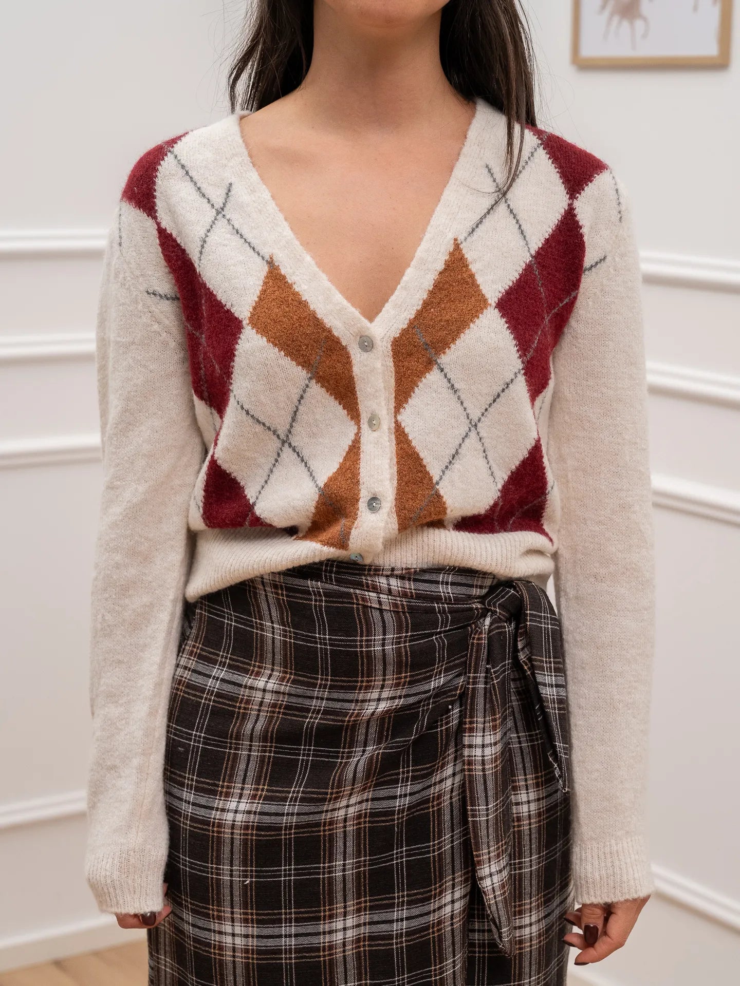 Cardigan rombi slim fit panna, vino, coccio e antracite - HaveOne