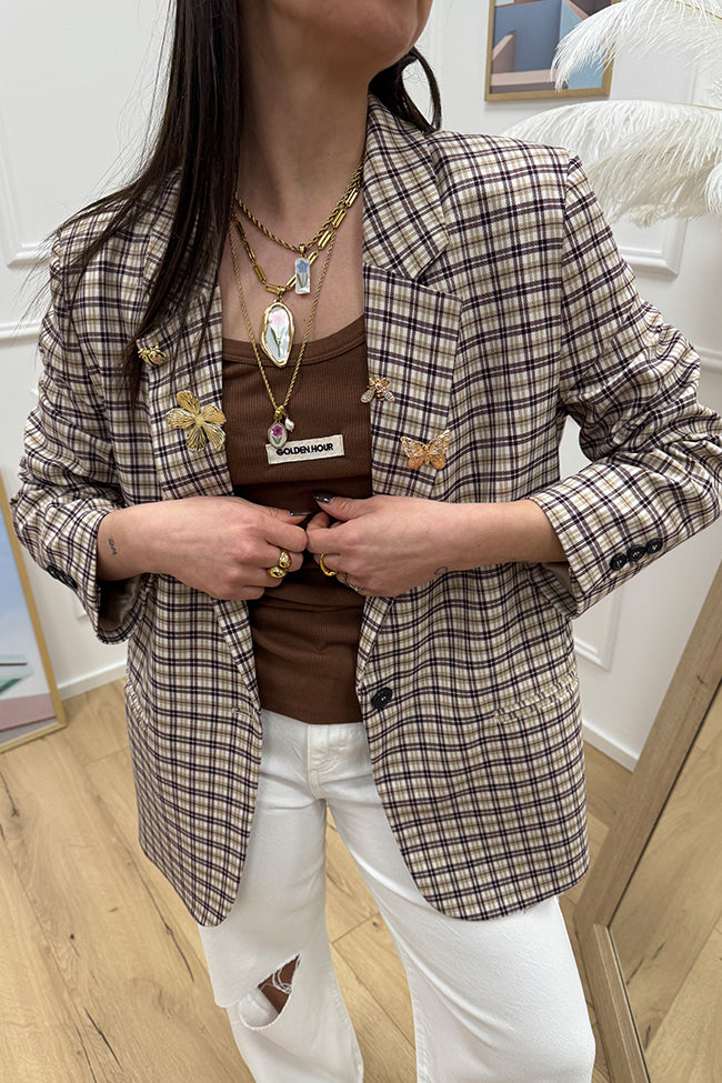 Giacca check sabbia e prugna con spille - Vicolo