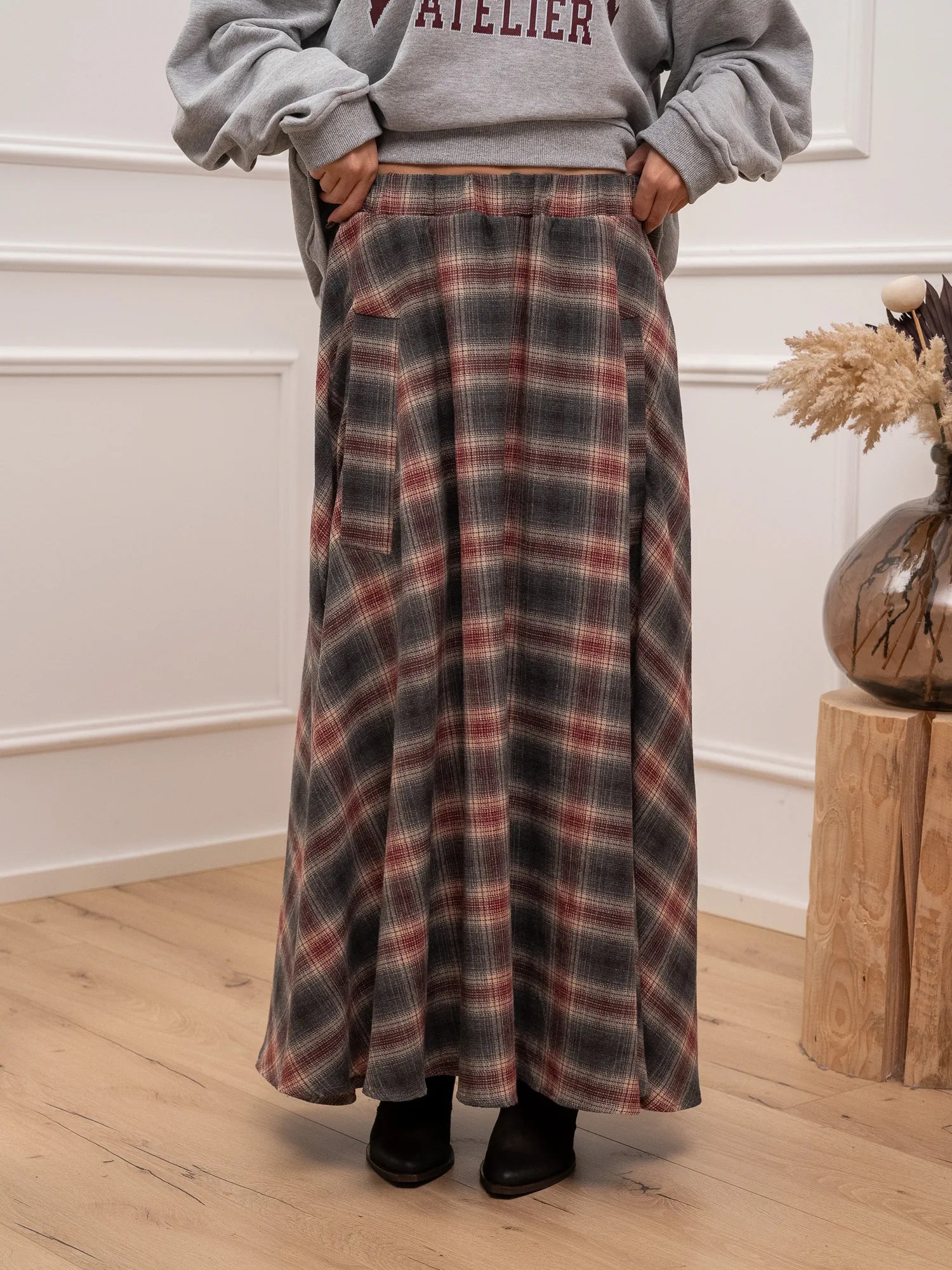 Gonna Plaid a ruota bordeaux e grigia - Vicolo