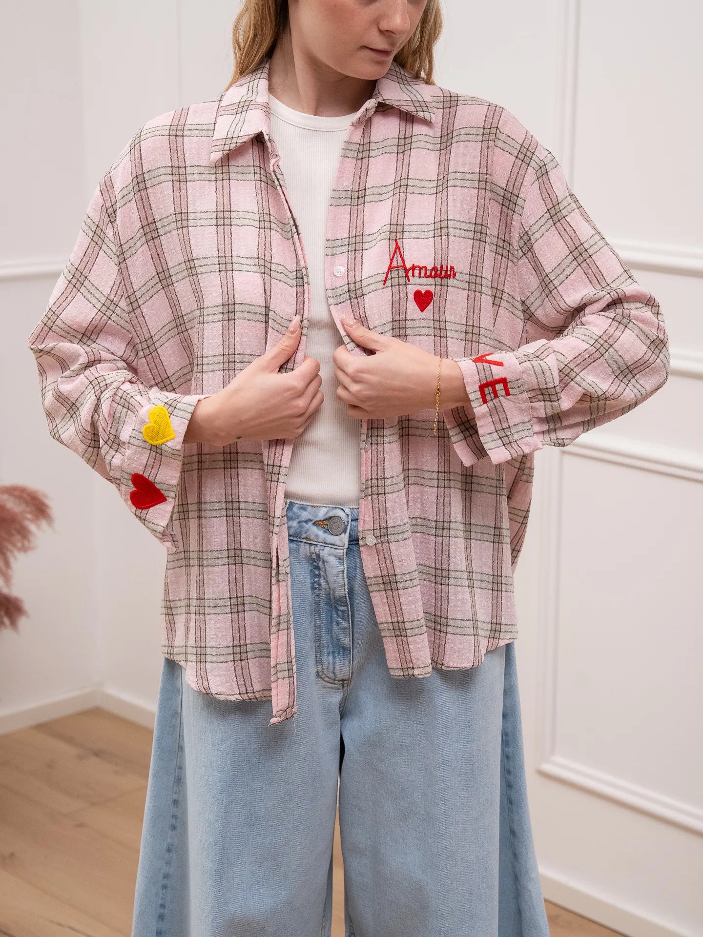 Camicia check rosa ricami Amour - Crispy