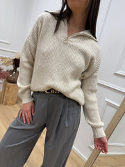 Maglia panna filo lamè oro con zip - HaveOne