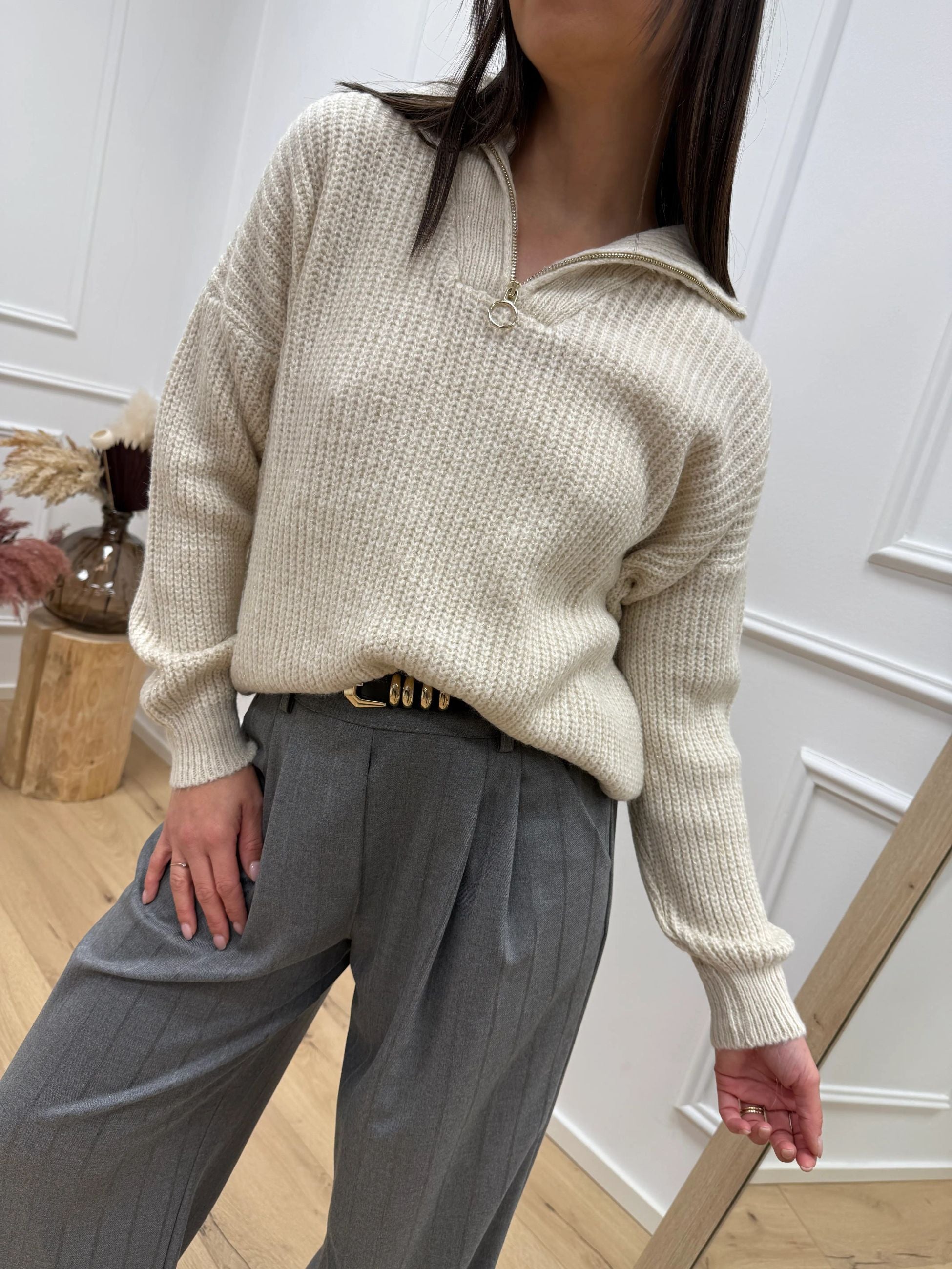 Maglia panna filo lamè oro con zip - HaveOne