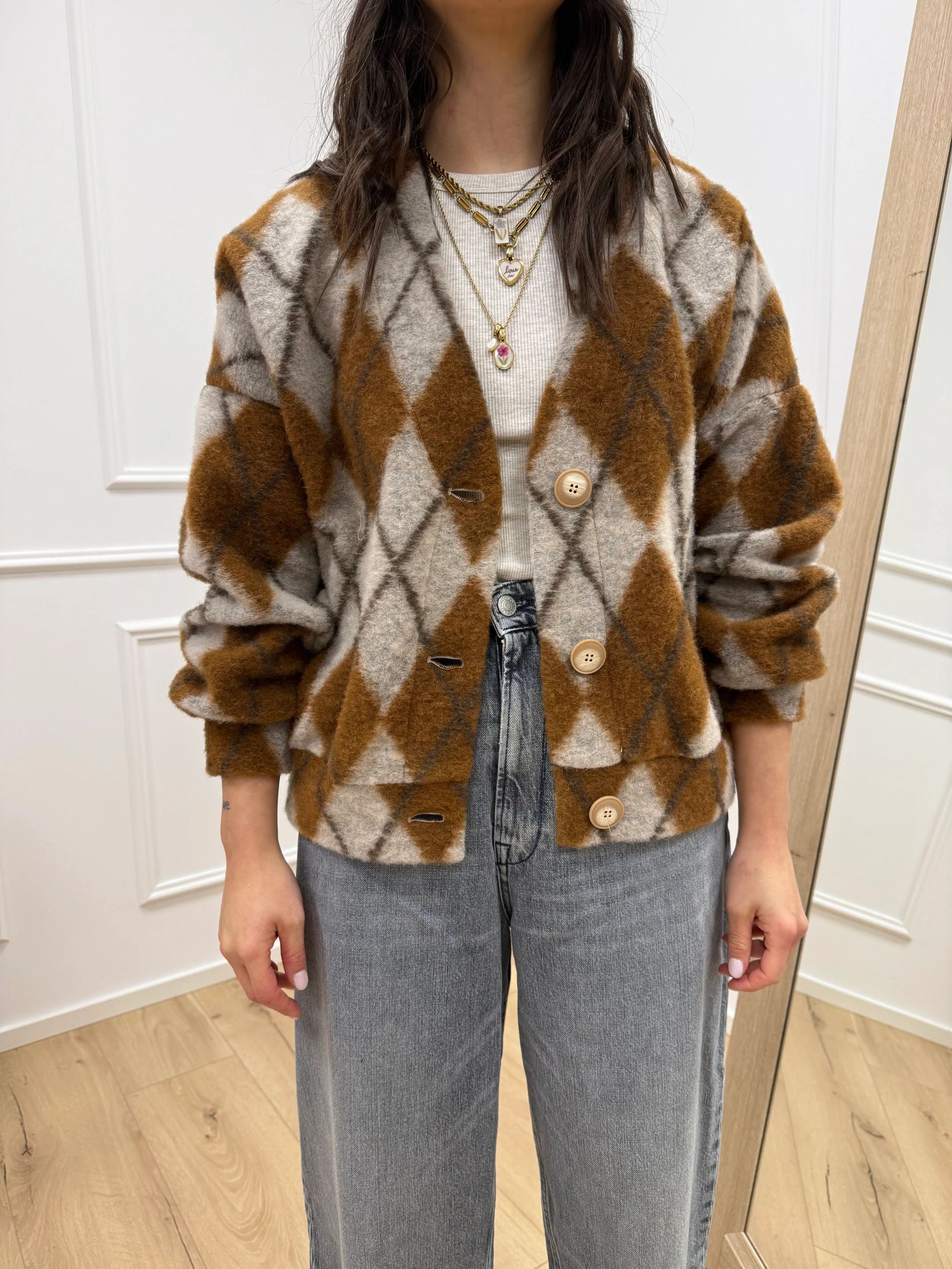 Cardigan spalla scesa rombi coccio e moro - HaveOne