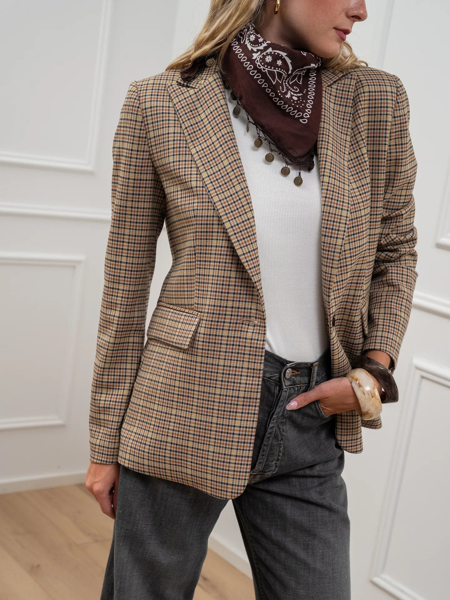 Giacca slim check gialla con bandana - HaveOne