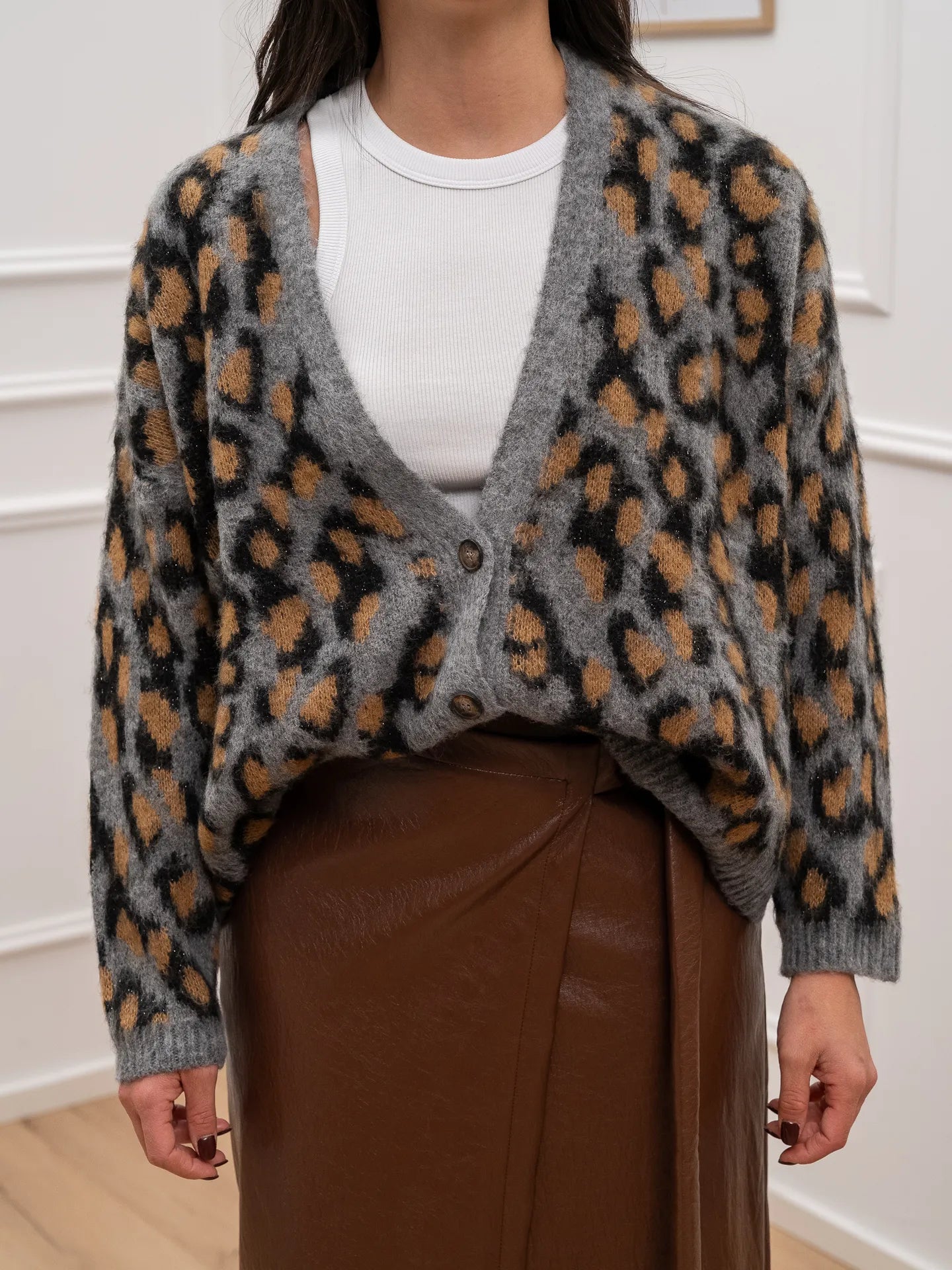 Cardigan maculato grigio, nero e camel - HaveOne