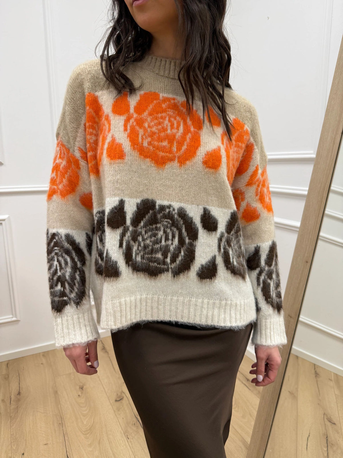 Maglia jacquard righe e fiori panna, moro, beige, arancio e mastice - HaveOne