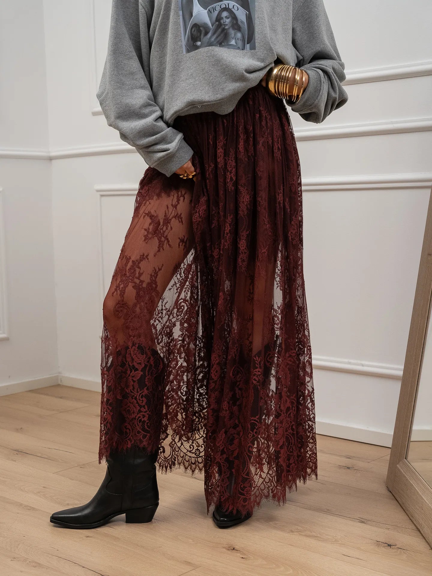 Gonna lunga in pizzo bordeaux - Vicolo