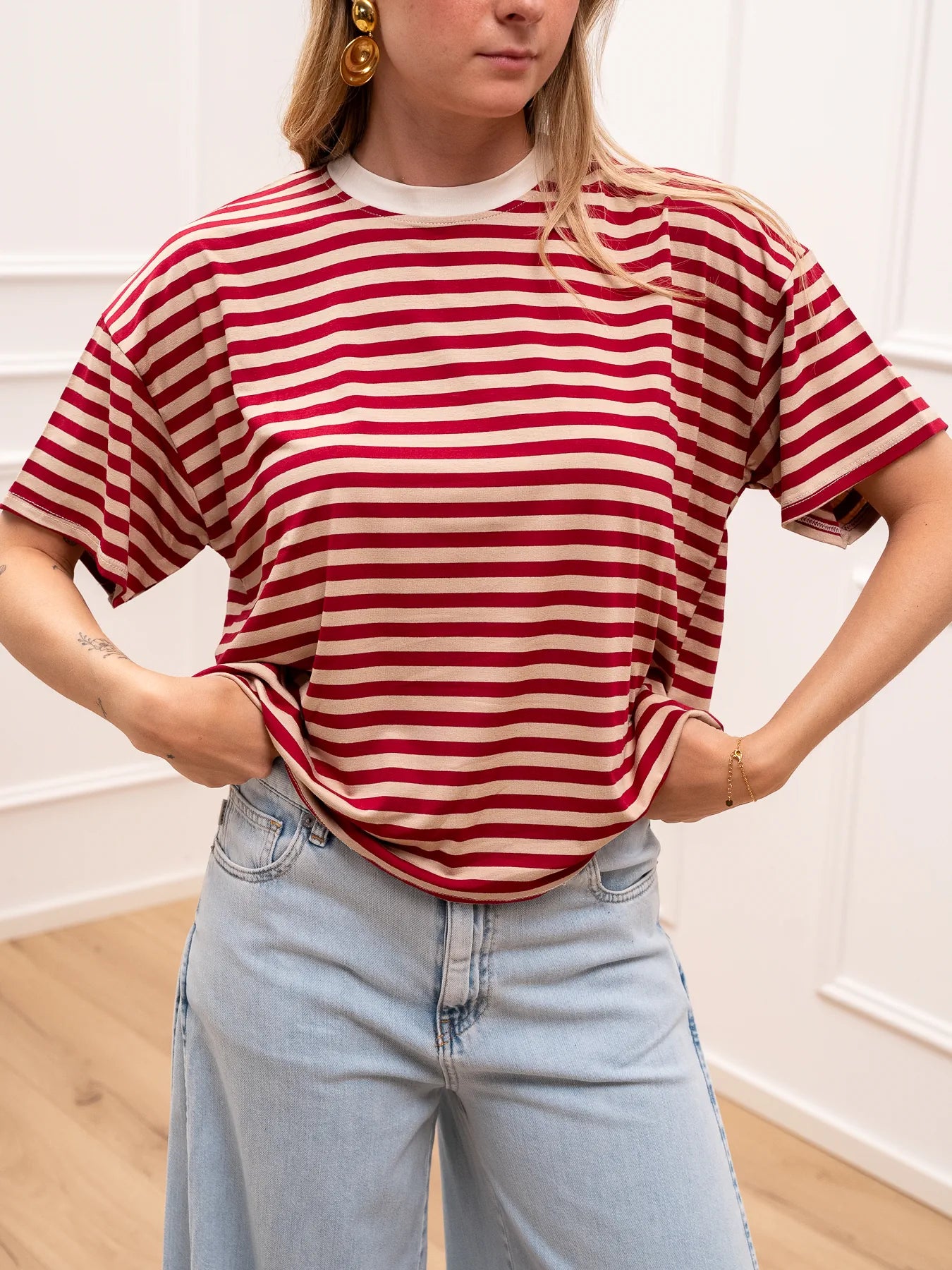 T shirt rigata beige e panna con colletto india - HaveOne