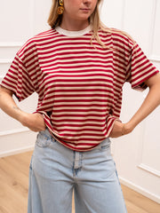 T shirt rigata beige e panna con colletto india - HaveOne