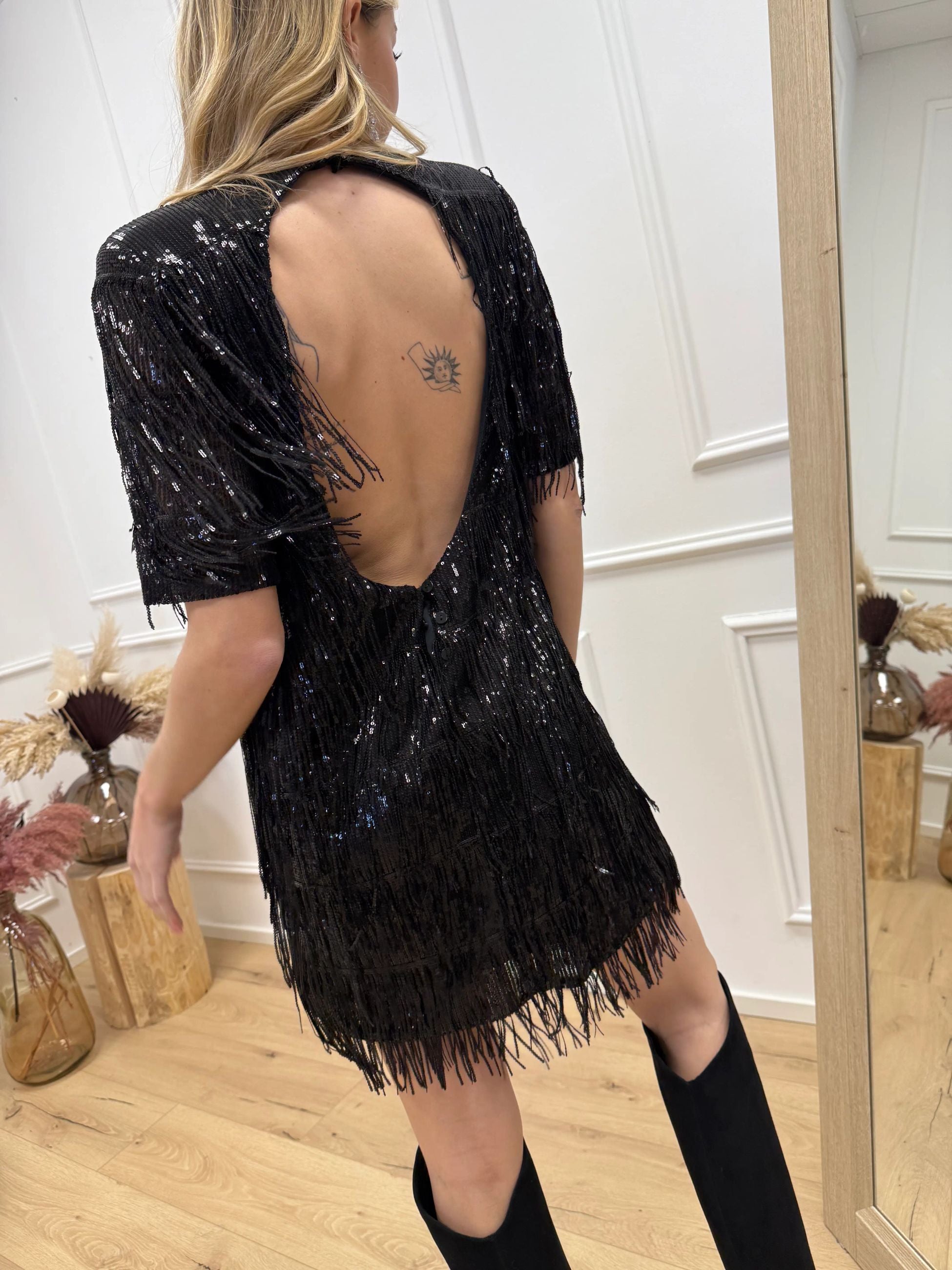 Vestito mini in paillettes nero con frange - HaveOne