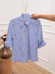 Camicia Shine rigata celeste con cabochon - Tensione In