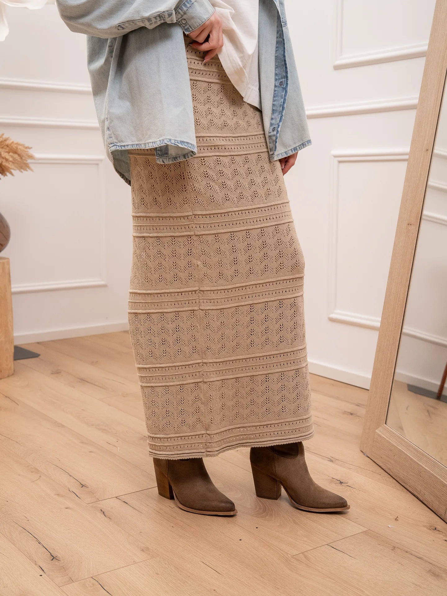 Gonna lunga in maglia traforata beige - Kontatto