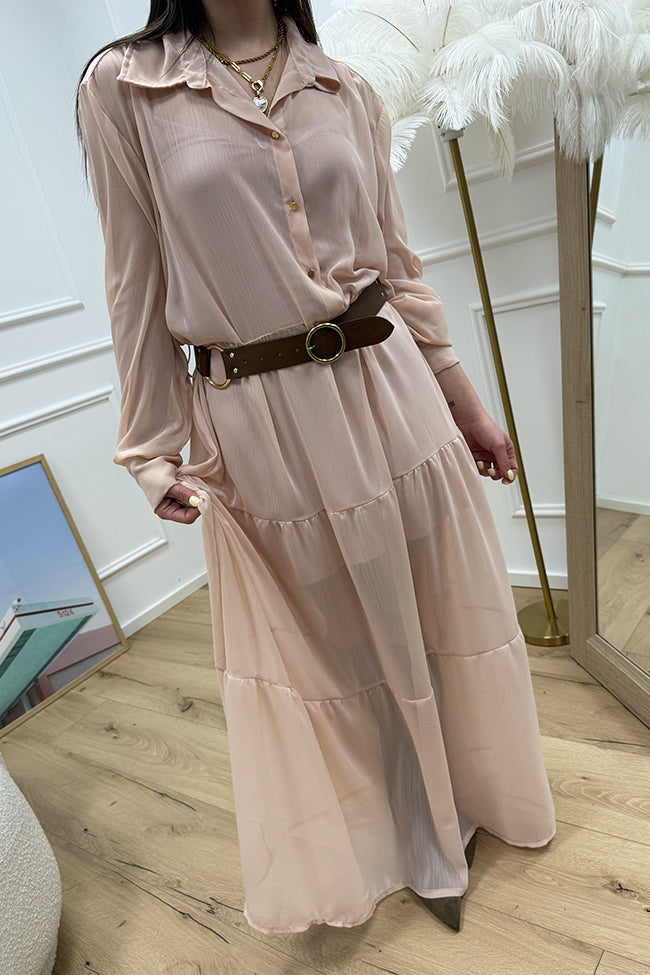 Vestito cipria con cintura e balze - HaveOne