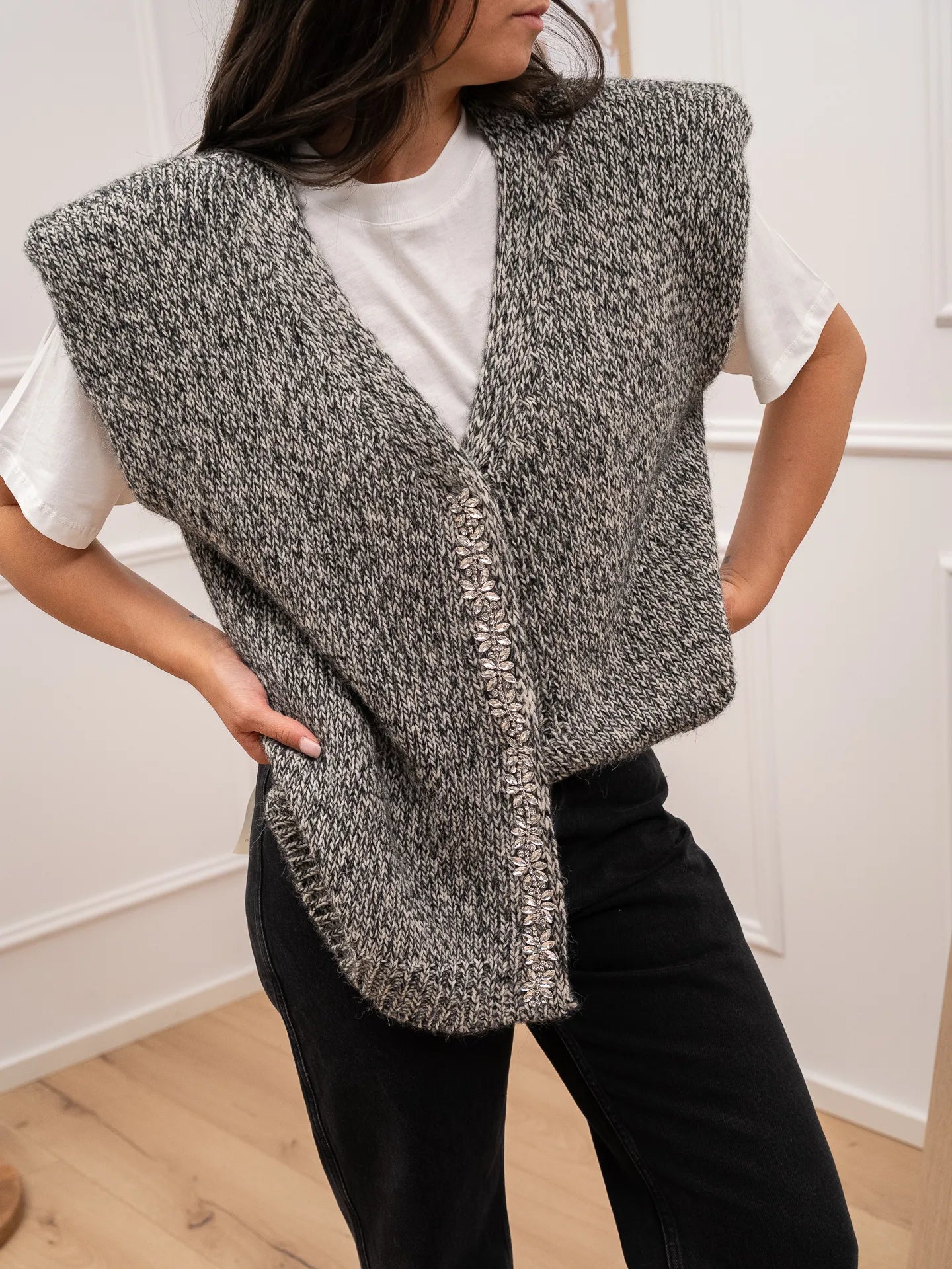Gilet Moulinè nero e bianco con strass - HaveOne