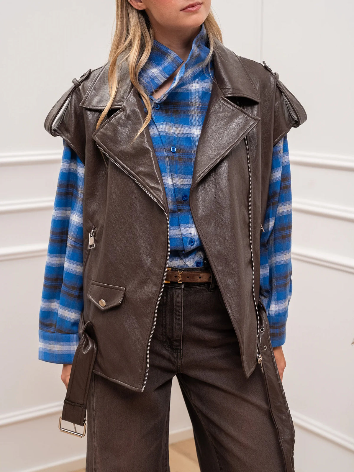 Gilet biker ecopelle martellata moro oversize - HaveOne