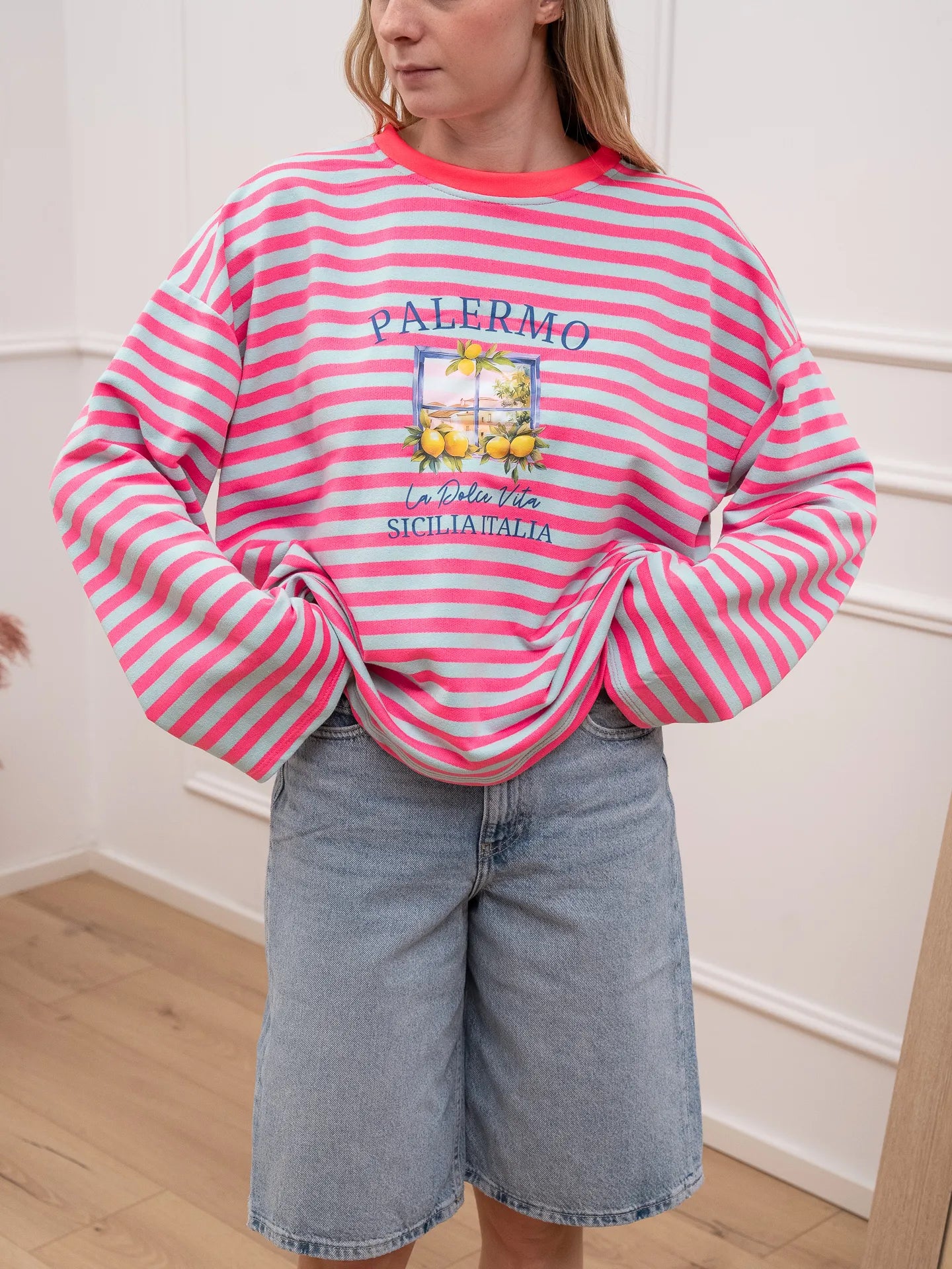 T shirt menta e fucsia Palermo a manica lunga - Crispy