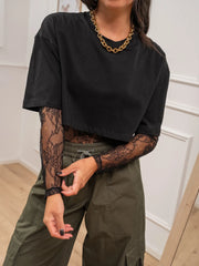 T shirt crop nera con body in pizzo - HaveOne