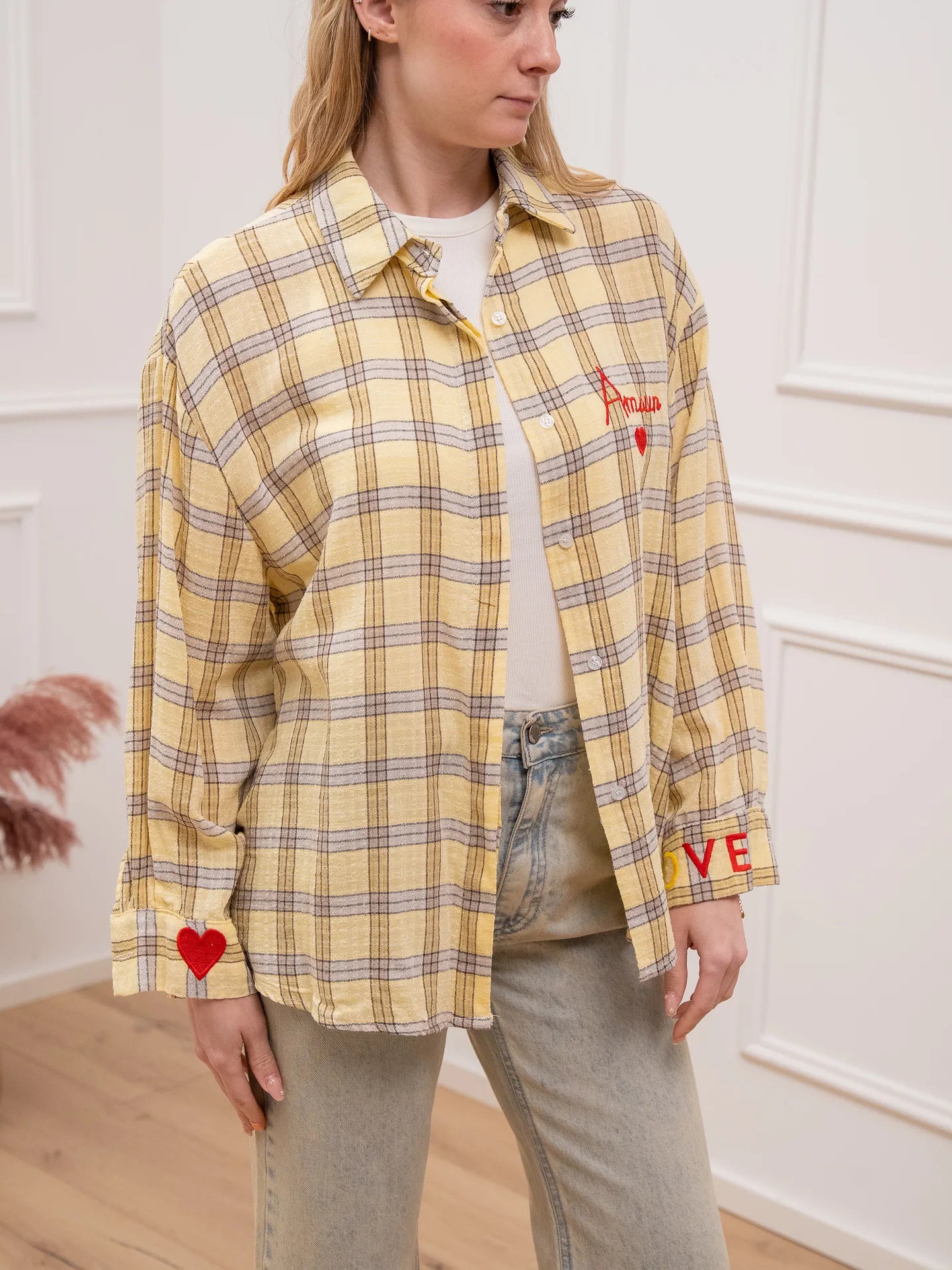 Camicia check giallina ricami Amour - Crispy