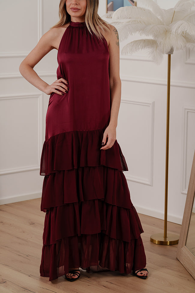 Vestito scollo halter lungo a balze bordeaux - HaveOne