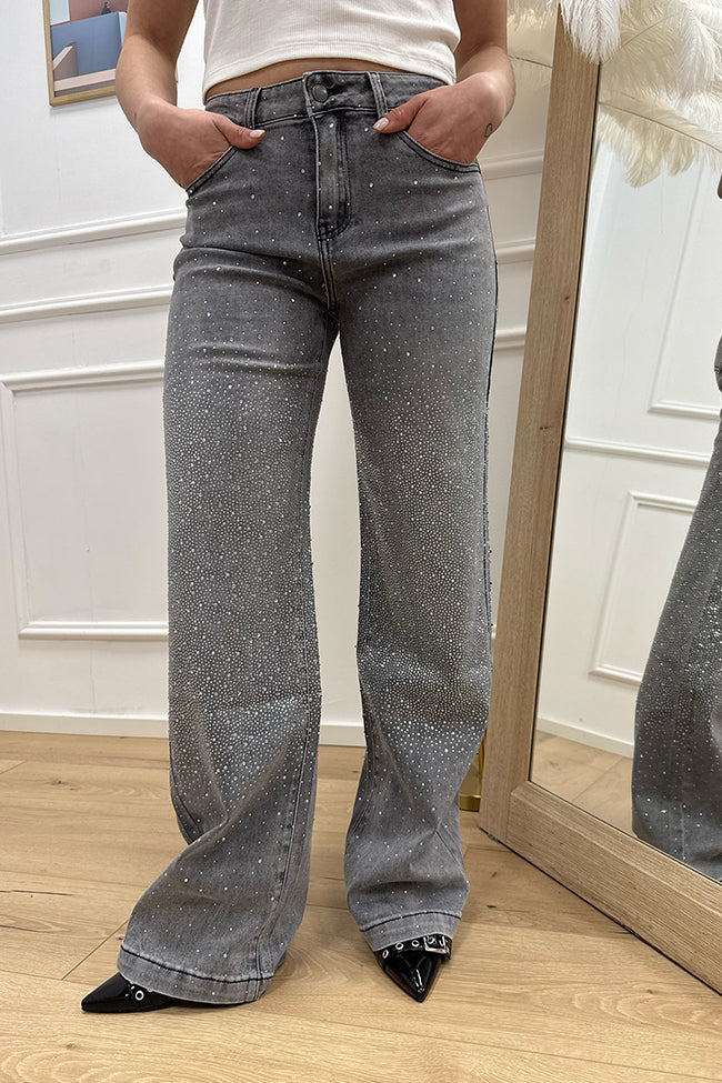 Jeans palazzo grigio con strass - Crispy