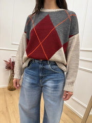 Maglia over rombi beige, rubino, antracite e arancio - HaveOne