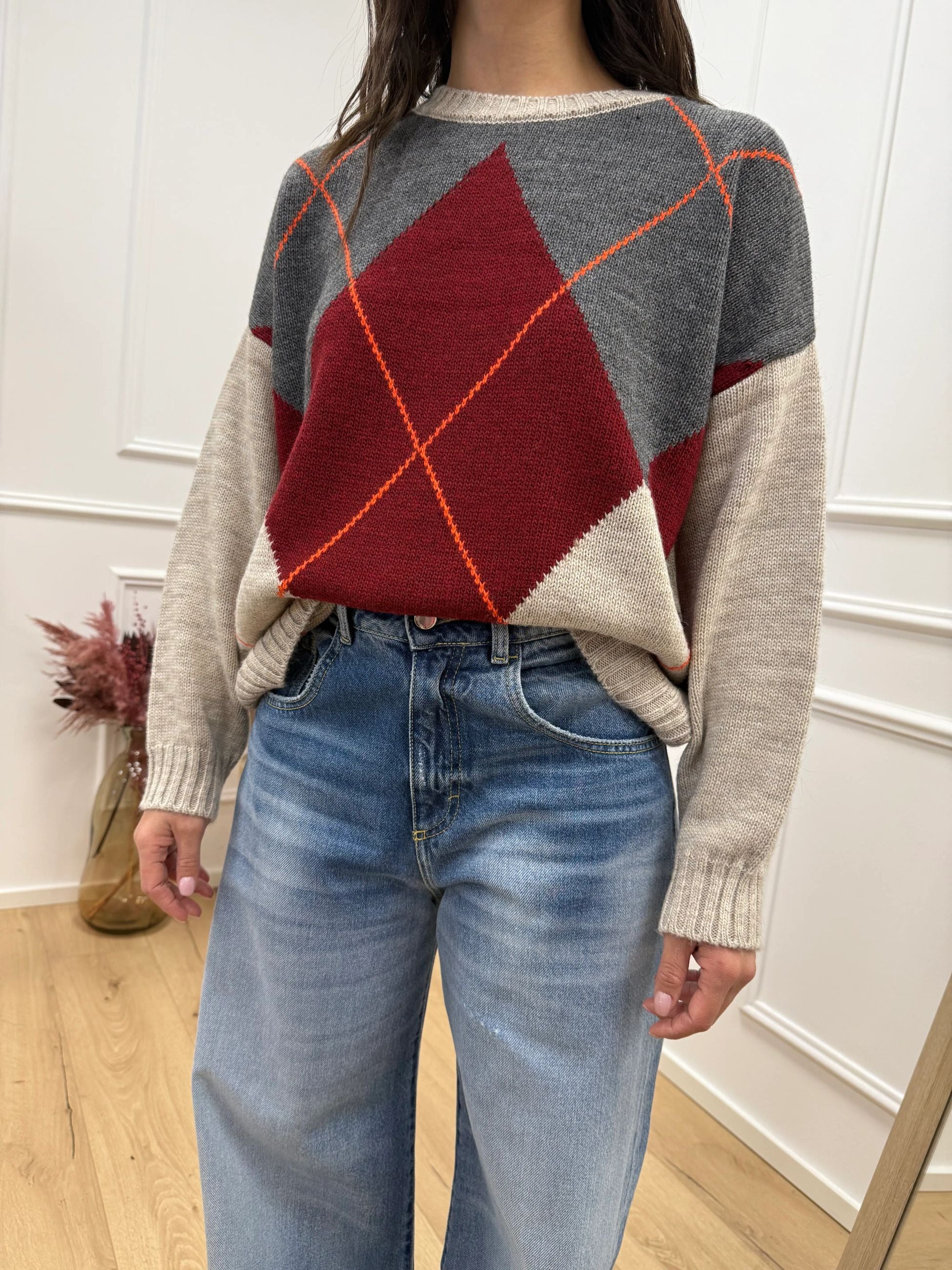 Maglia over rombi beige, rubino, antracite e arancio - HaveOne
