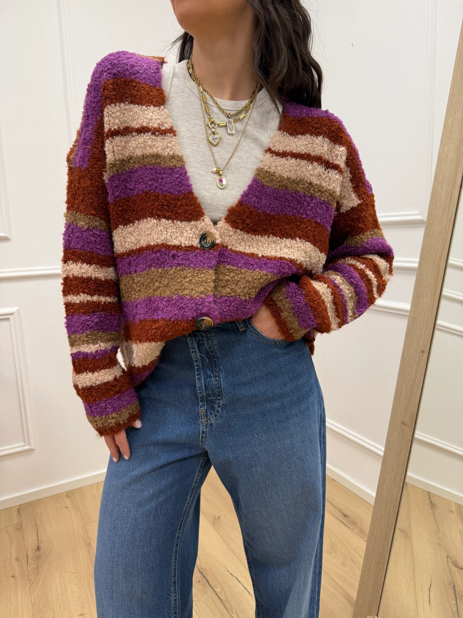 Cardigan tre bottoni rigato ruggine - HaveOne