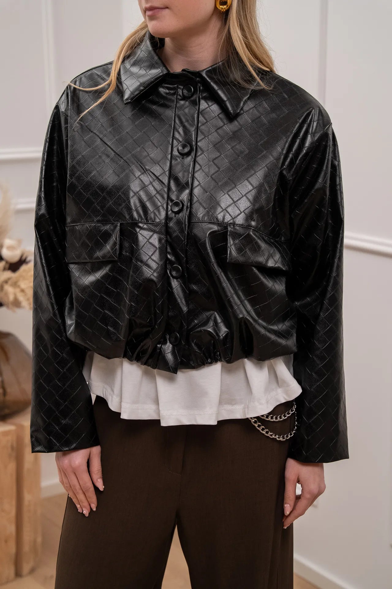 Bomber Icon crop nero effetto intrecciato - Vicolo