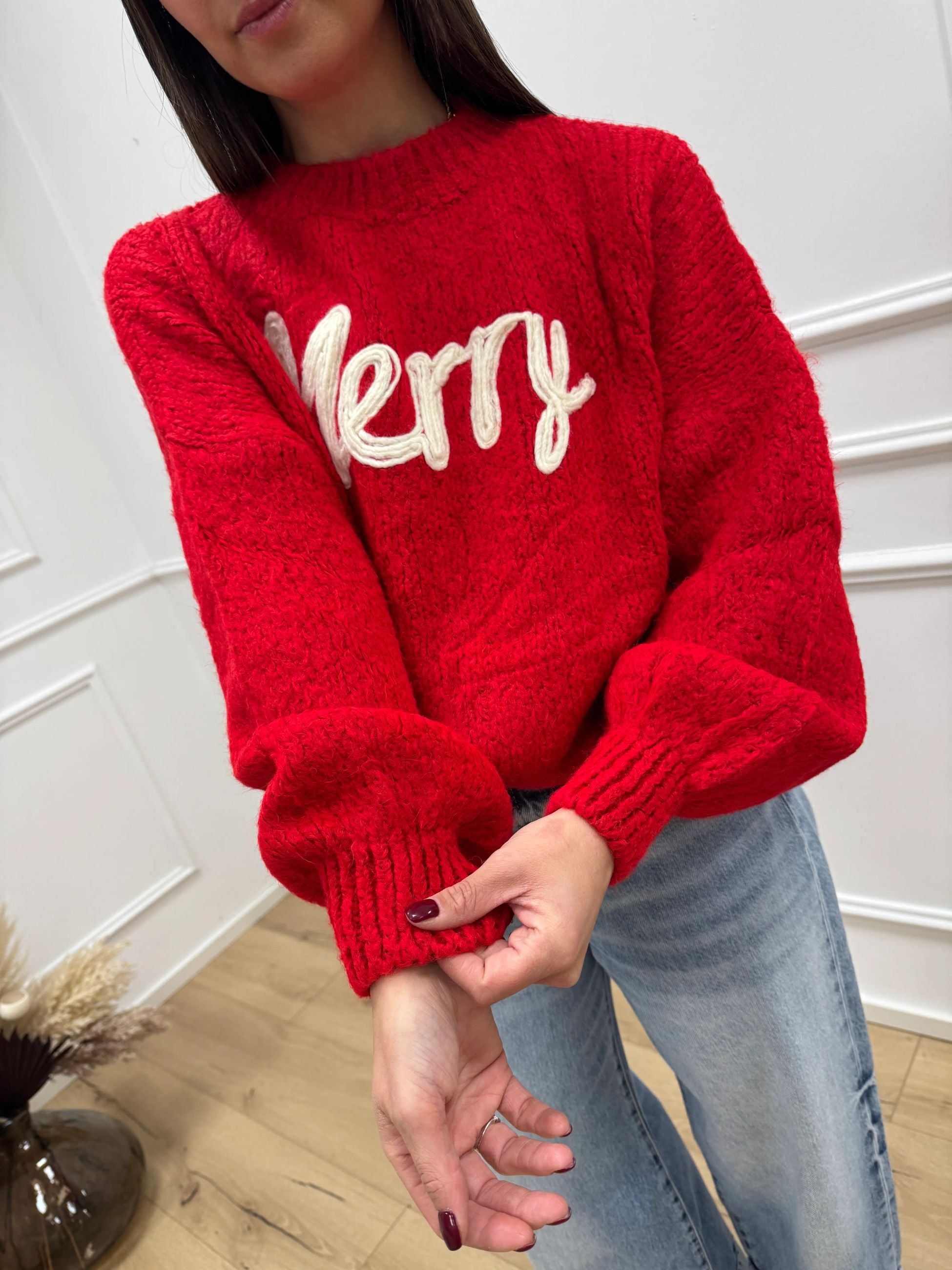 Maglione girocollo rosso ricamo Merry - You Decide