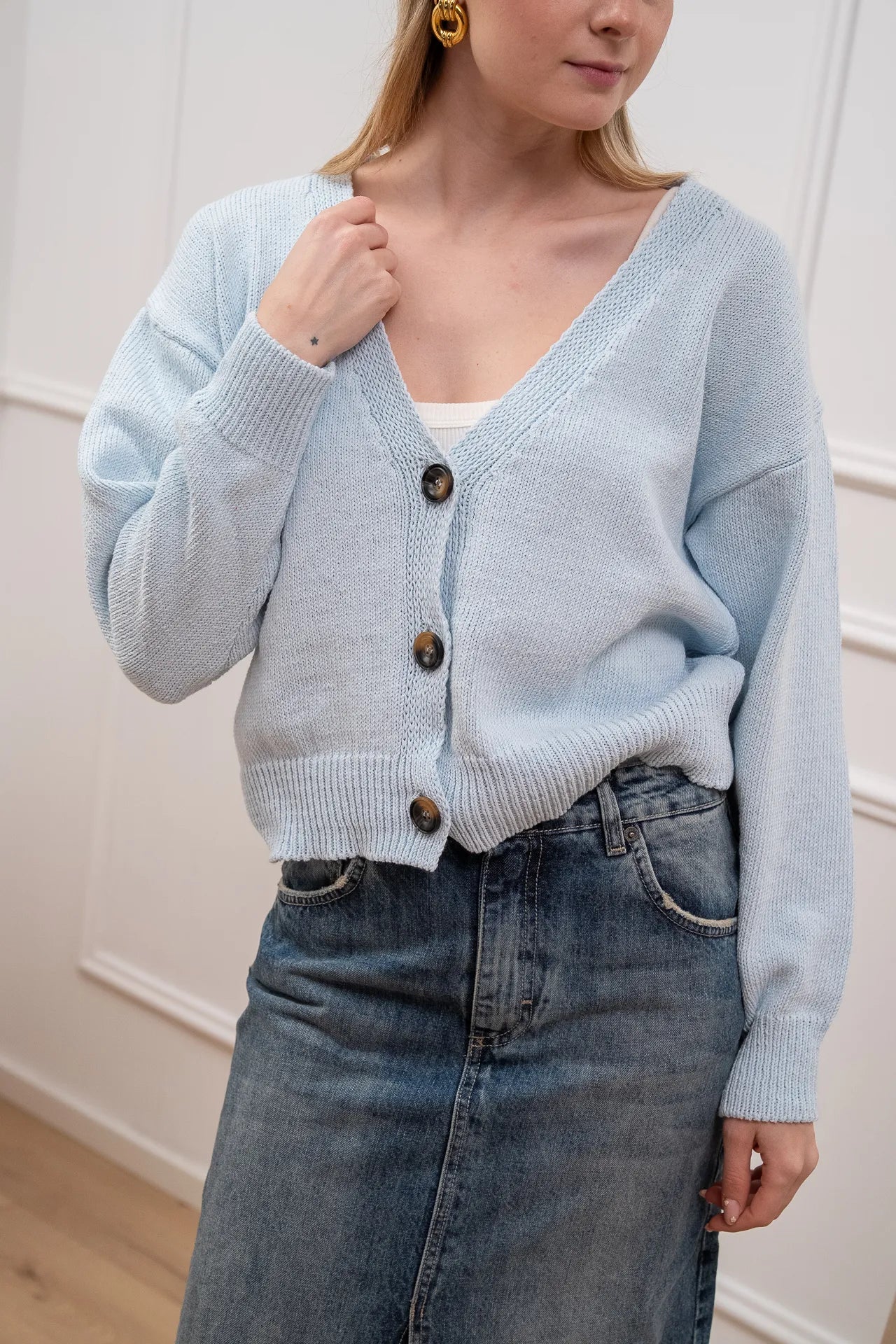 Cardigan basic celeste tre bottoni - Vicolo