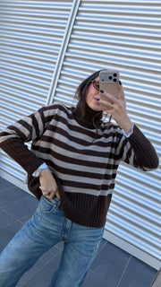 Maglia dolcevita rigata 100% pura lana - Tensione In