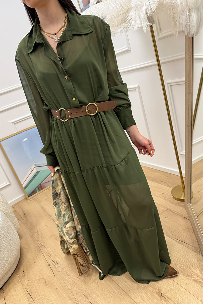 Vestito verde militare con cintura e balze - HaveOne