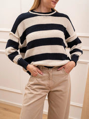 Maglia girocollo rigata blu e panna fit over - HaveOne