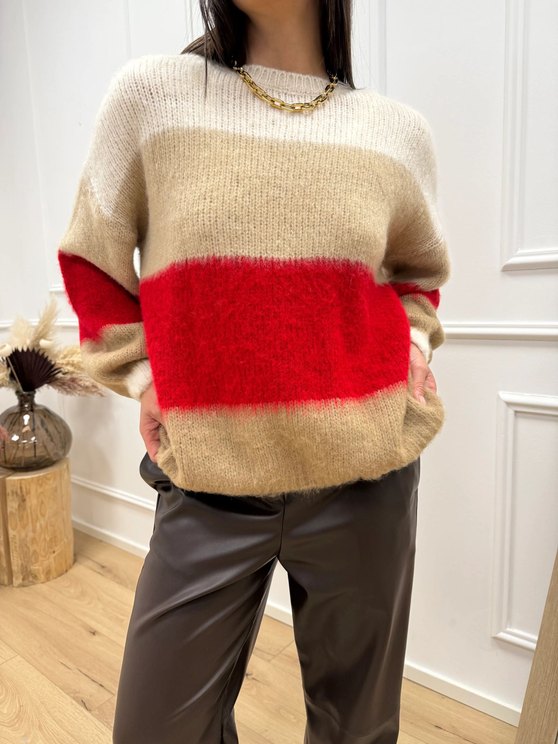 Maglia garzata a righe cammello, panna, mastice e rosso - HaveOne