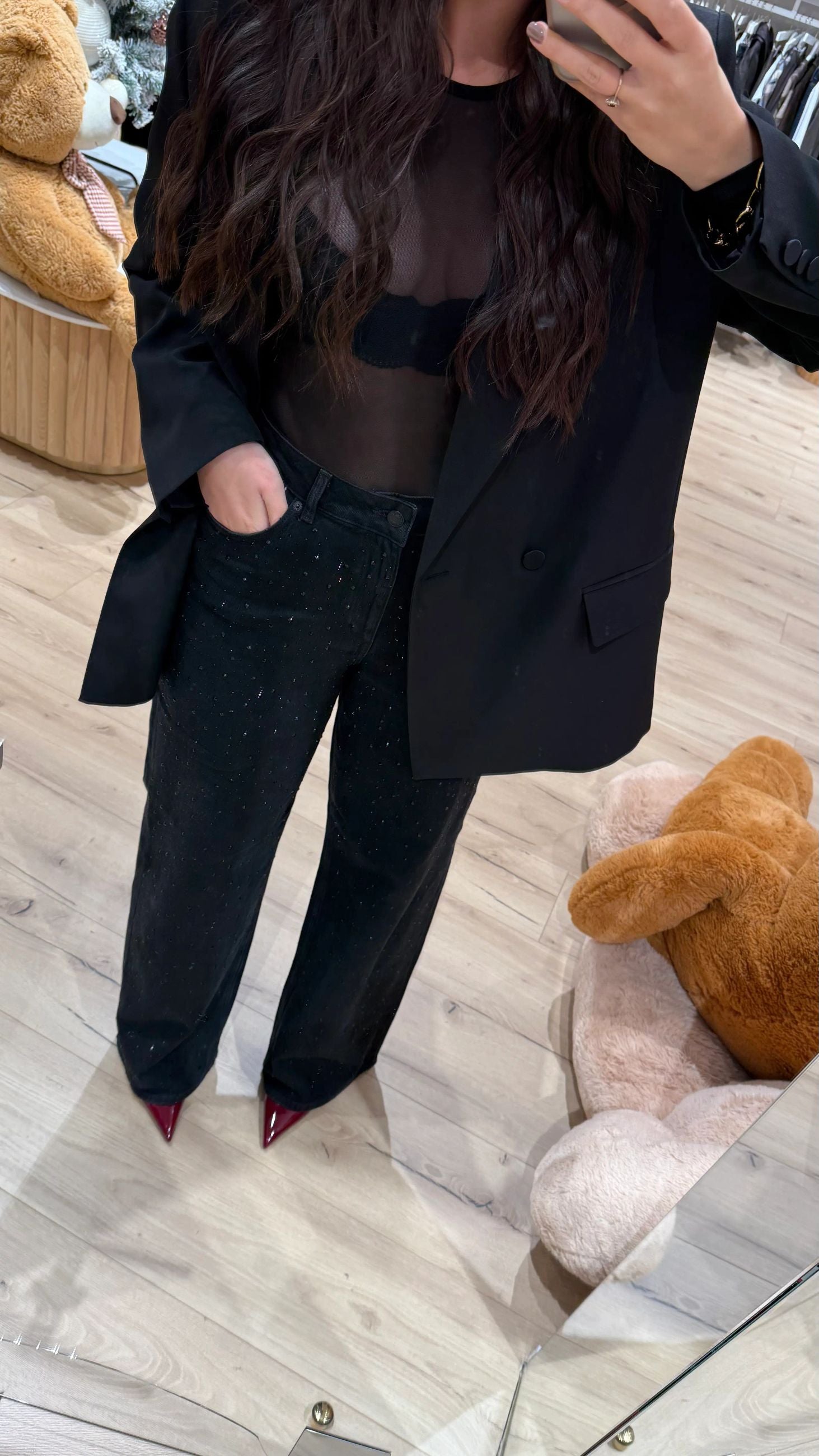 Jeans Tokyo nero wide leg fit con strass - JJXX