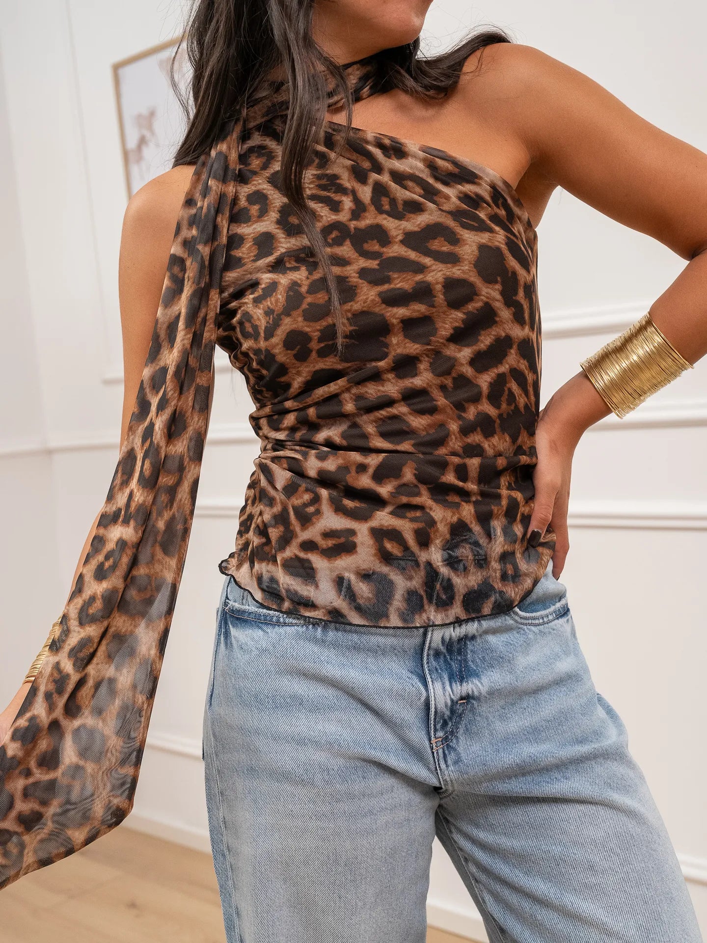 Top leopardato con foulard in mesh - Dixie