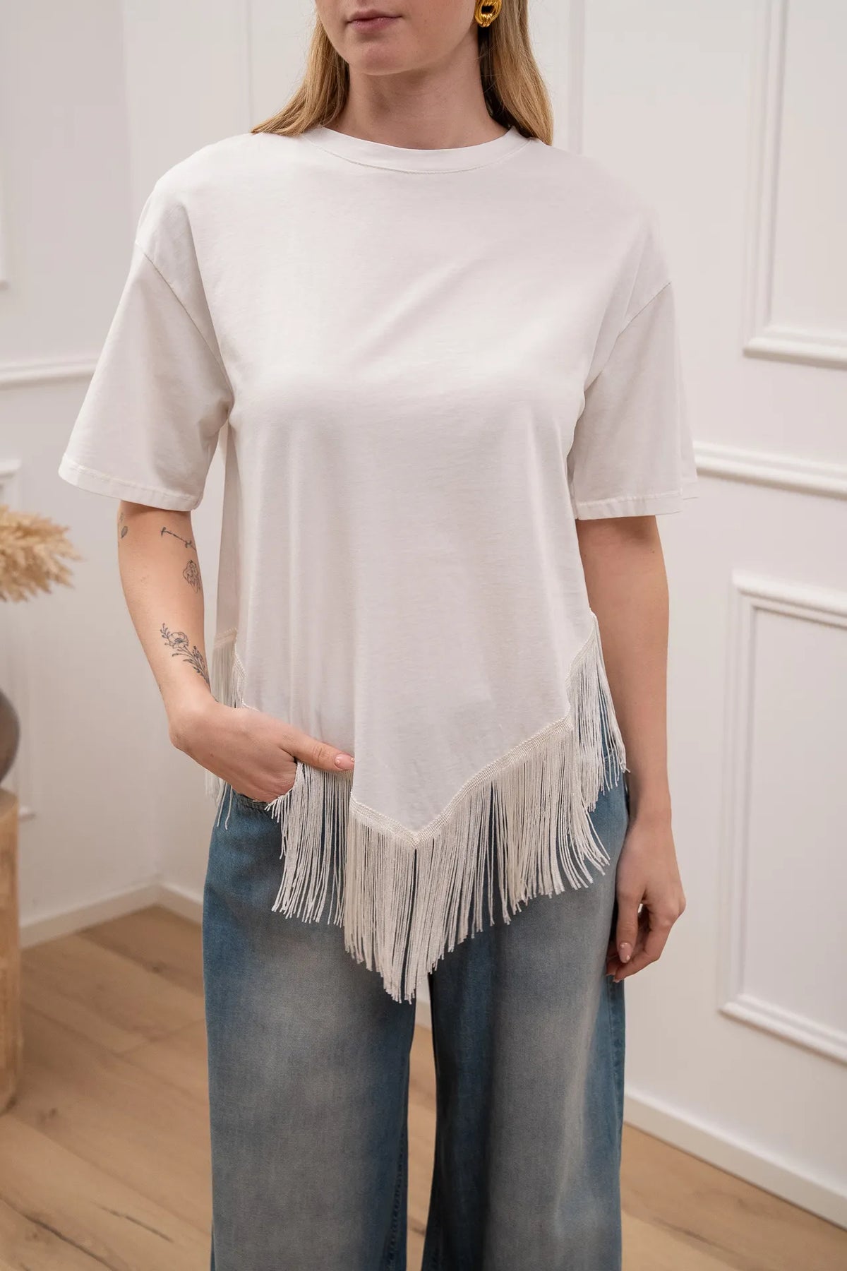 T shirt bianca con passamaneria frange - HaveOne