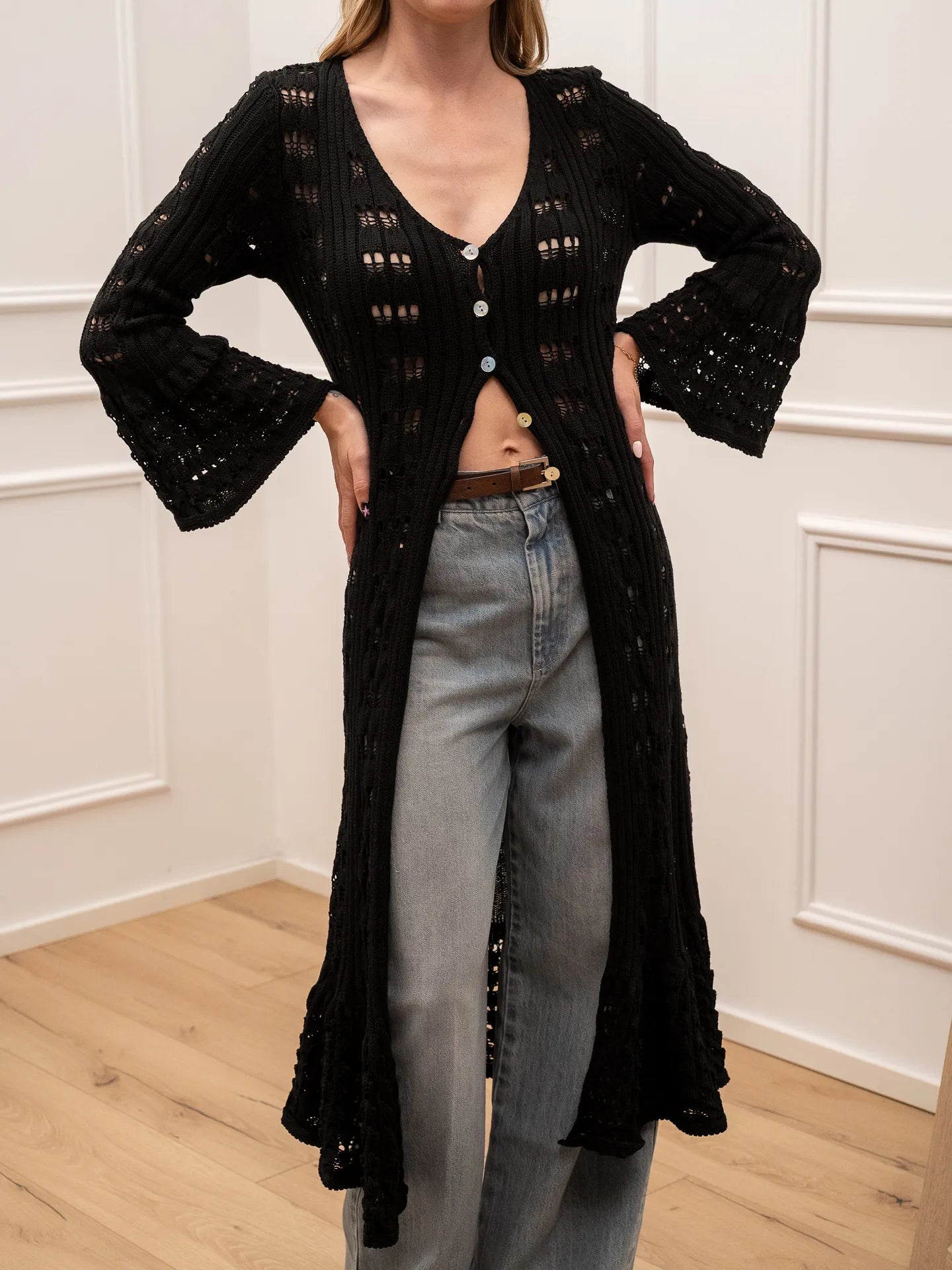 Maxi cardigan Pietrasanta crochet nero - Crispy