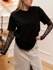 T shirt spallina imbottita nera con manicotto in pizzo - Dixie