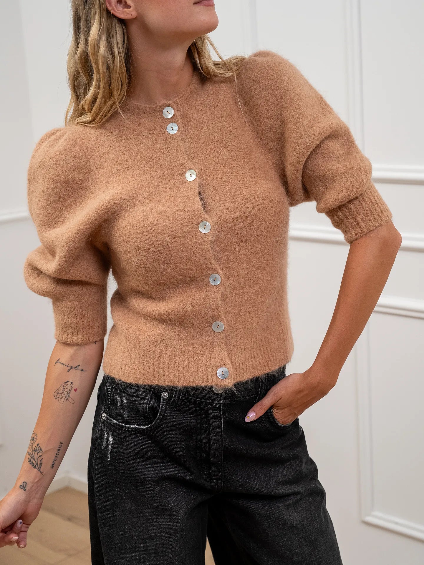 Cardigan biscotto manica balloon alpaca superfine - Kontatto