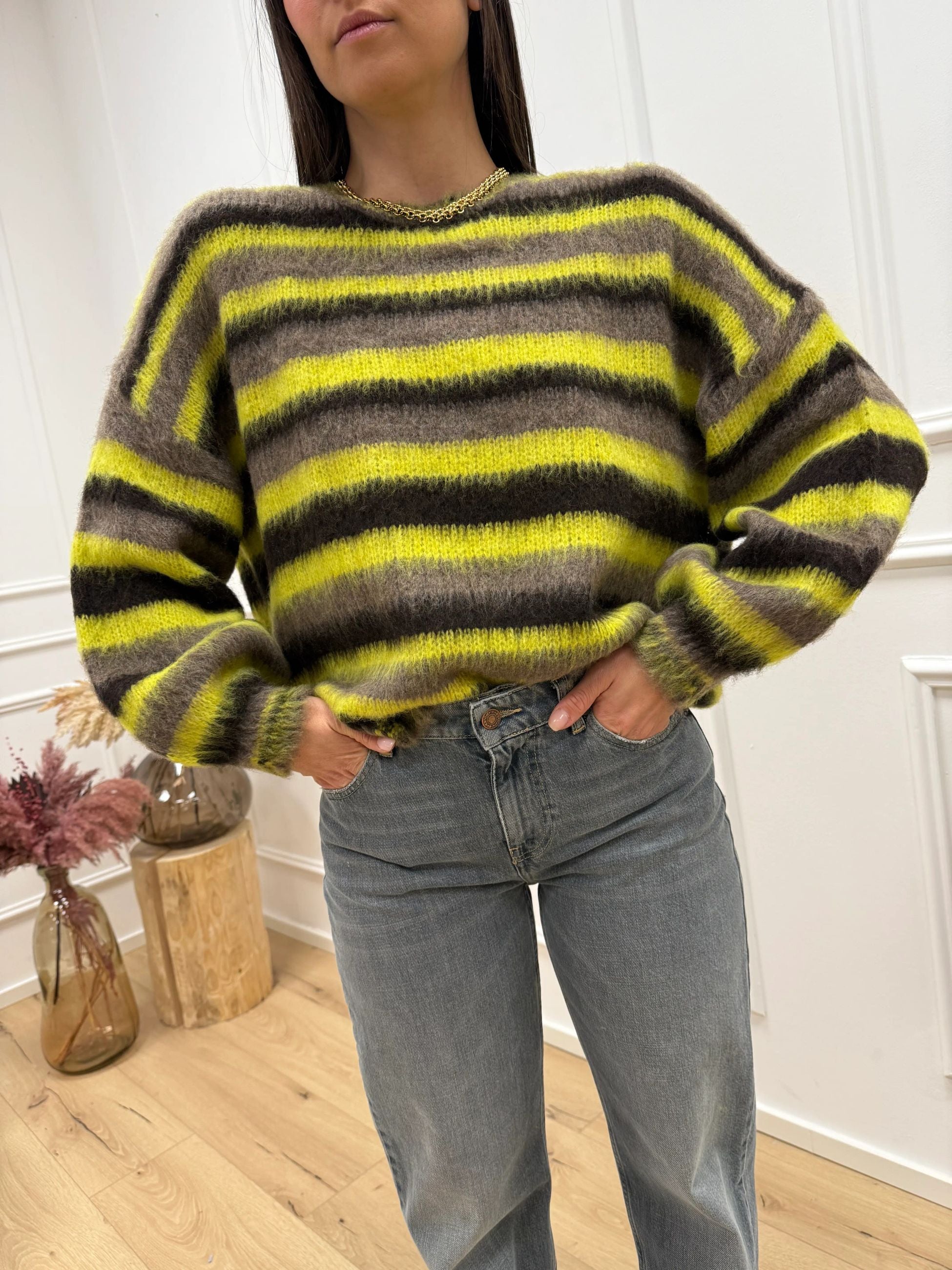 Maglia garzata a righe tortora, lime e moro - HaveOne