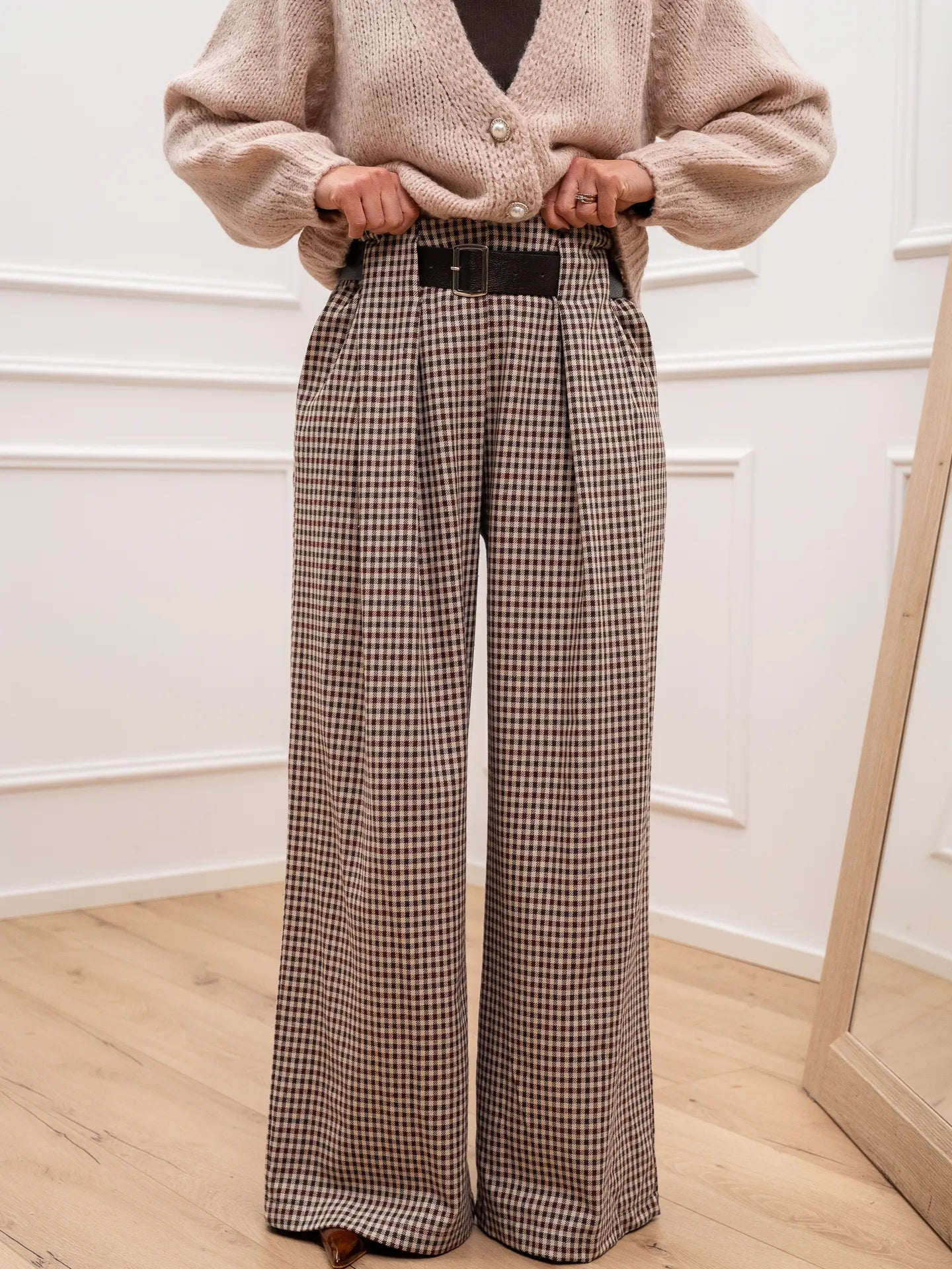 Pantalone micro check bordeaux con cintura - HaveOne