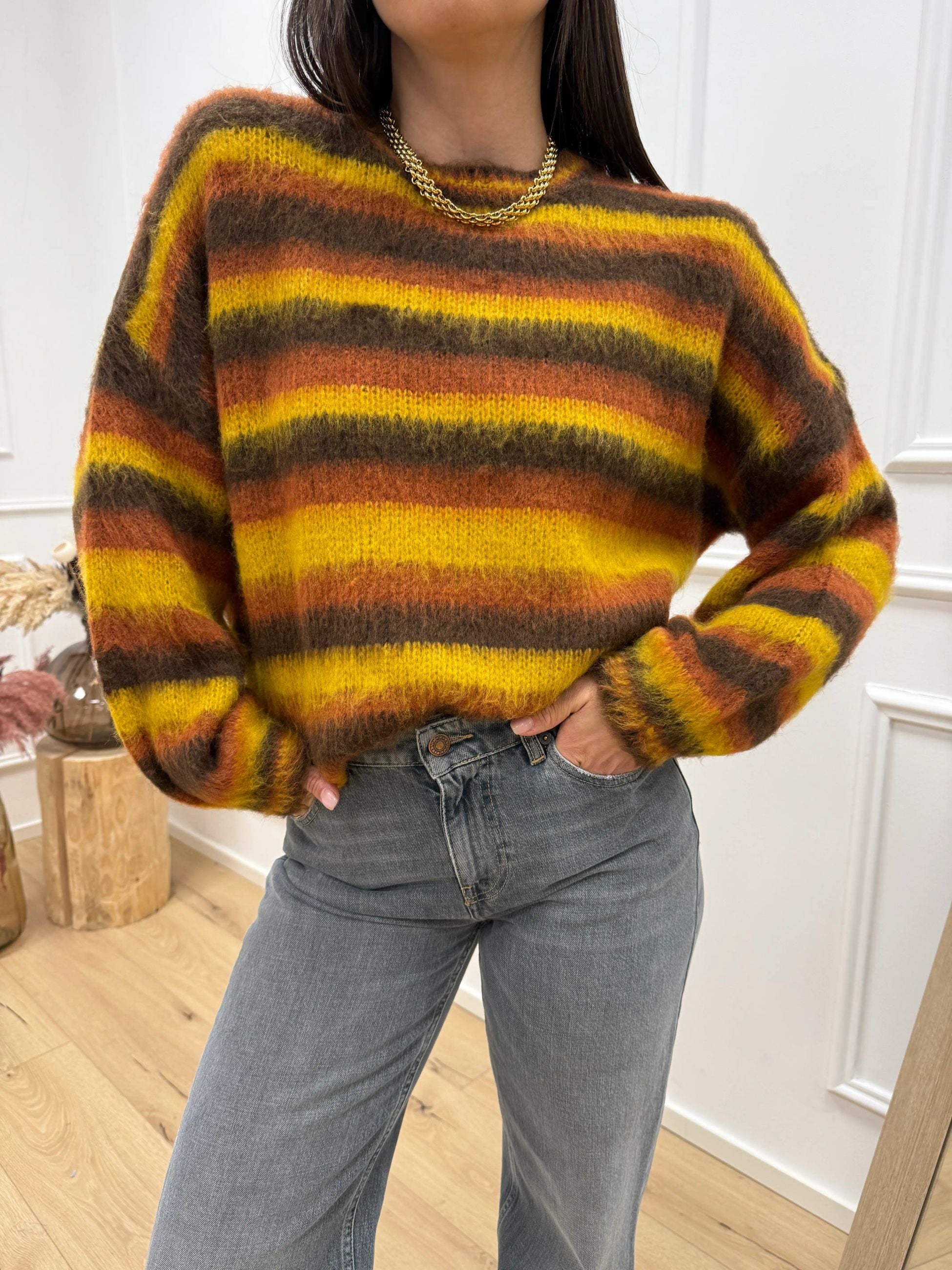 Maglia garzata a righe moro, coccio e senape - HaveOne