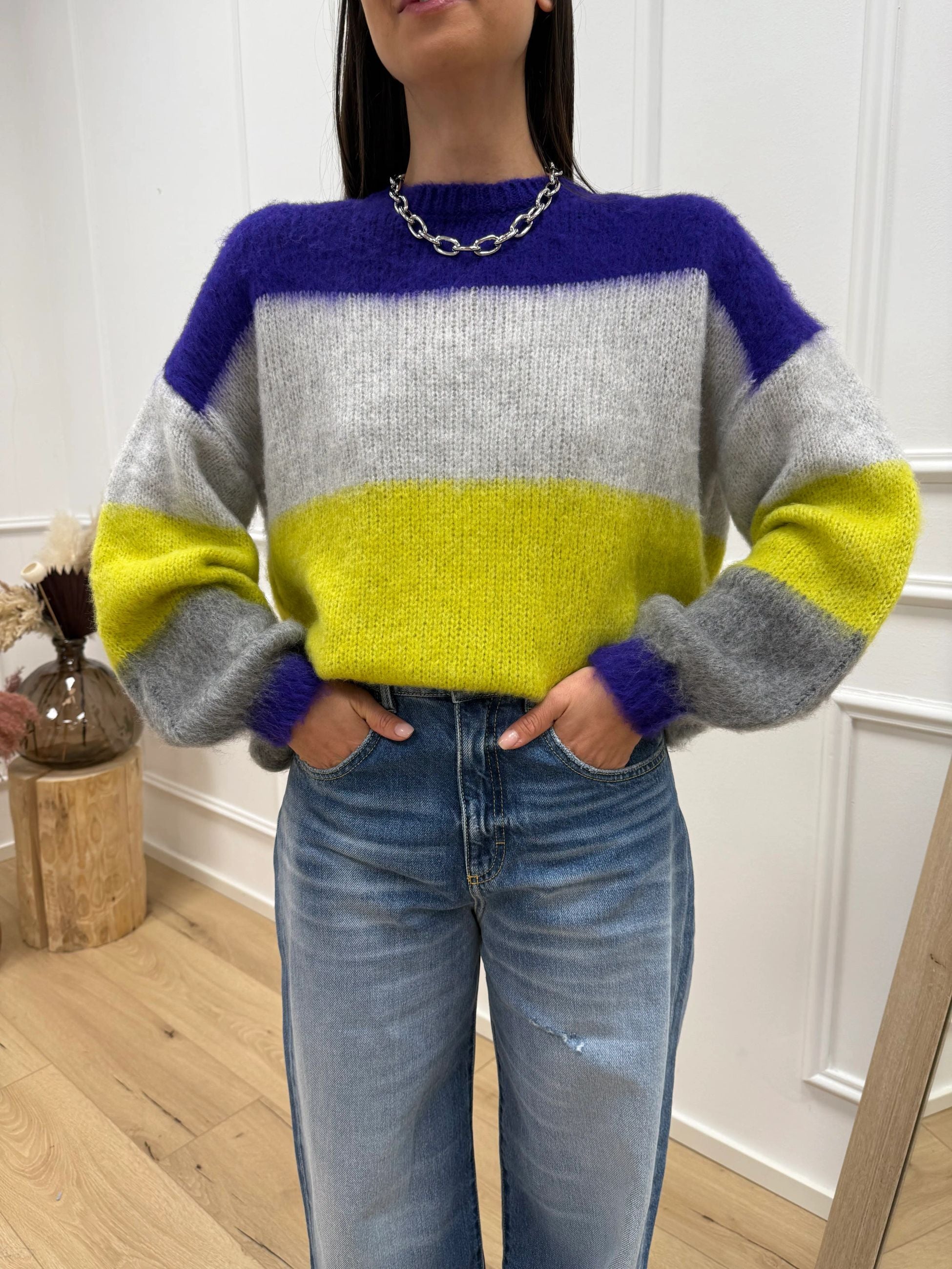 Maglia garzata a righe grigio, lime, perla e viola - HaveOne