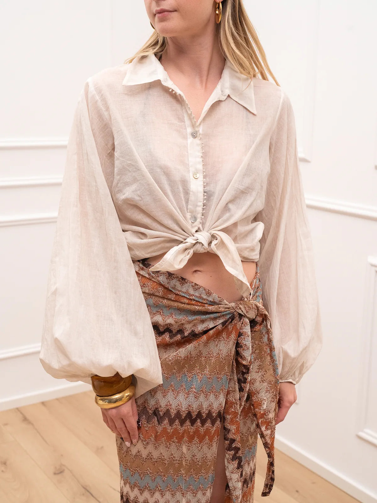 Camicia voile beige con passamaneria - HaveOne