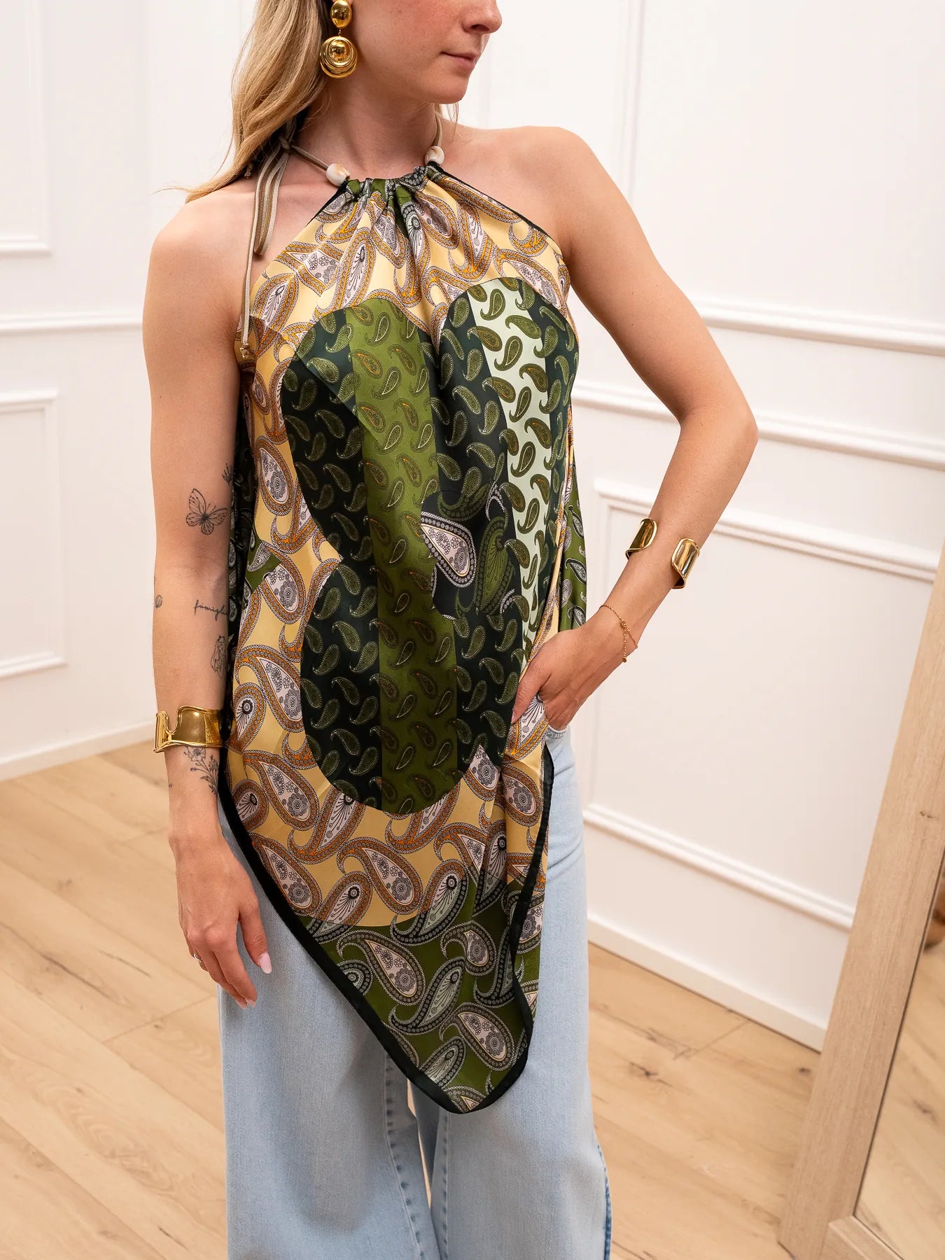 Top foulard fantasia verde e olio con perline - Vicolo
