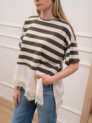 T shirt rigata muschio con satin e pizzo sul fondo - Dixie