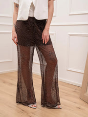 Pantaloni caffè con paillettes e perline - HaveOne